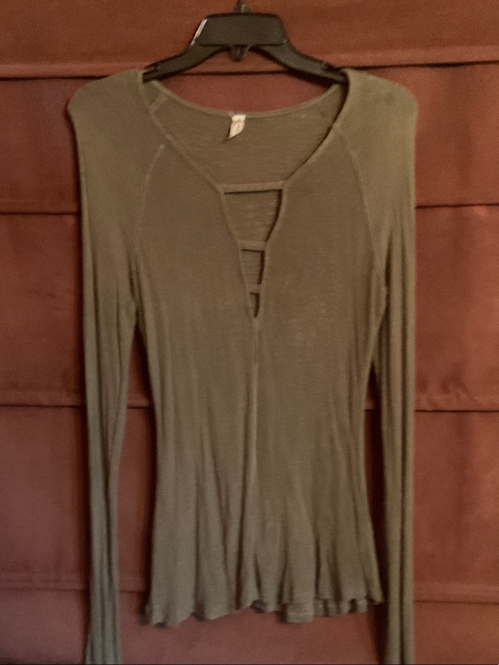 Free People Olive Green Long Sleeve Ladder-Front Top